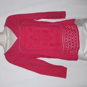 Lucky Brand Top Women  Size L Pink Pleated V-neck Embroidered, Eyelit La…